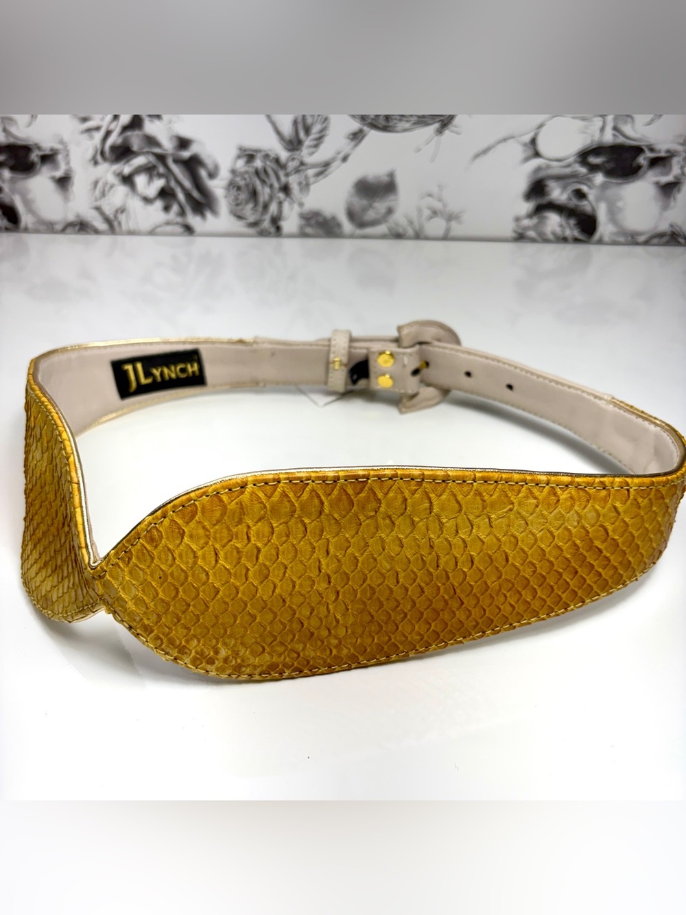JLynch Yellow Snakeskin & Beige Leather Cinch Belt, Szs M-XL